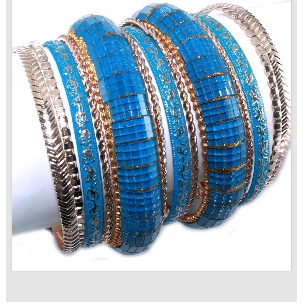 Blue Gold Bangle Bracelets Set 12 Layered Stacked Women Fashion Jewelry